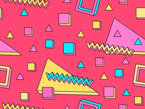 Geometric seamless pattern with memphis elements in 80s style. 3d geometric.. Stock Illustration
