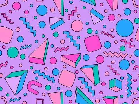 Geometric seamless pattern with memphis elements in 80s style. 3d geometric.. Stock Illustration