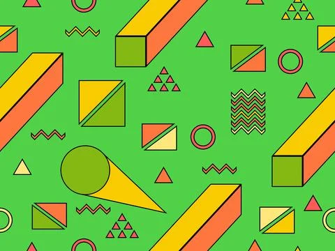 Geometric seamless pattern with memphis elements in 80s style. 3d geometric.. Stock-Illustration
