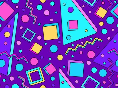 Geometric seamless pattern with memphis elements in 80s style. 3d geometric.. 스톡 일러스트