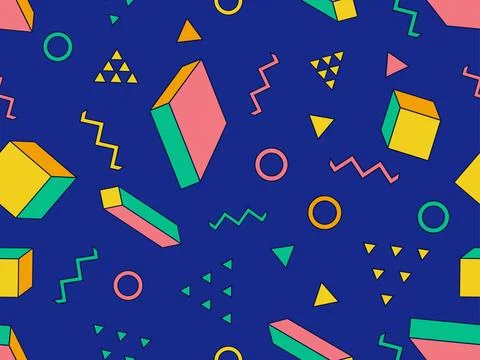 Geometric seamless pattern with memphis elements in 80s style. 3d geometric.. 스톡 일러스트