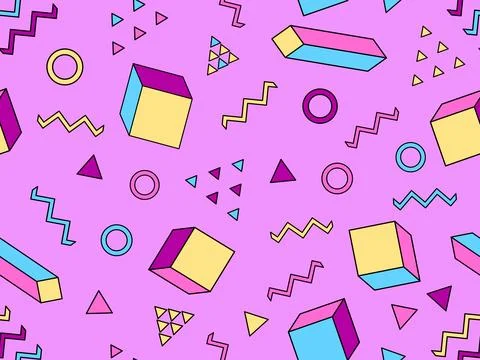 Geometric seamless pattern with memphis elements in 80s style. 3d geometric.. 스톡 일러스트