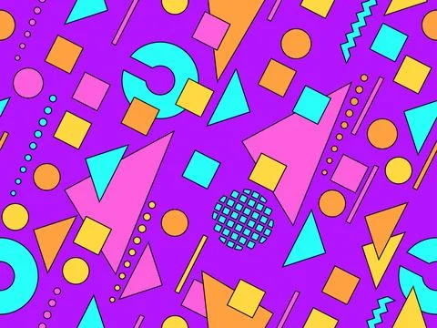 Geometric seamless pattern with memphis elements in 80s style. 3d geometric.. Stock Illustration