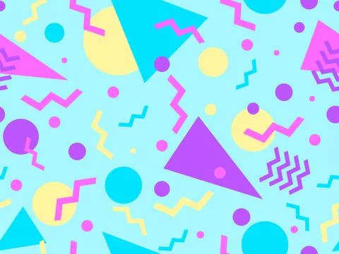 Geometric seamless pattern with memphis elements in 80s style. Colorful geo.. 스톡 일러스트