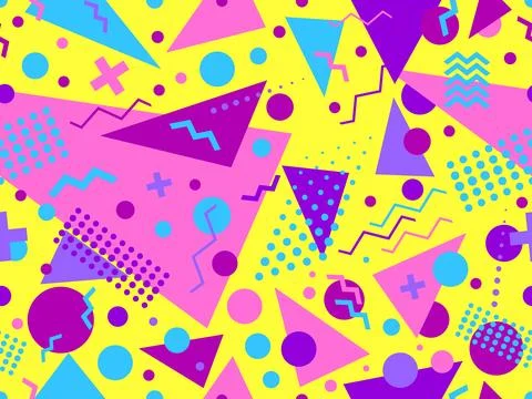 Geometric seamless pattern with memphis elements in 80s style. Colorful geo.. Stock Illustration