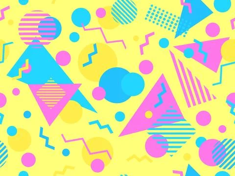 Geometric seamless pattern with memphis elements in 80s style. Colorful geo.. Illustrazione stock