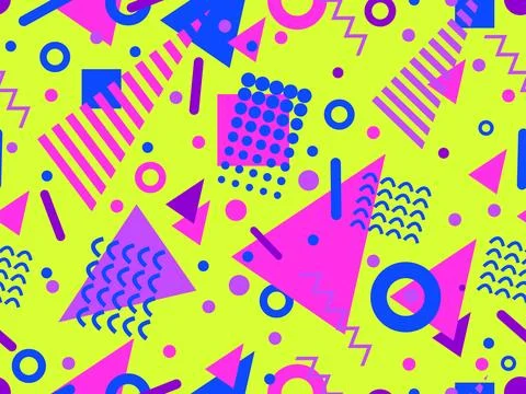 Geometric seamless pattern with memphis elements in 80s style. Colorful geo.. Stock Illustration