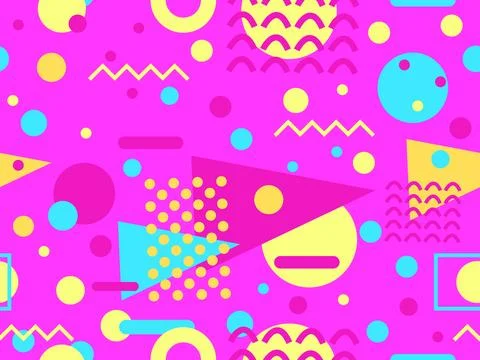 Geometric seamless pattern with memphis elements in 80s style. Colorful geo.. 스톡 일러스트