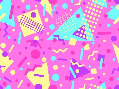 Geometric seamless pattern with memphis elements in 80s style. Colorful geo.. Illustrazione stock