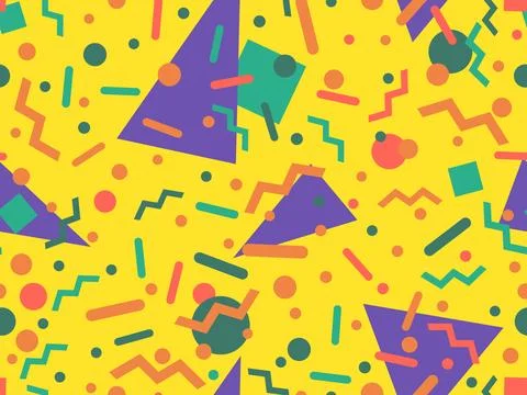 Geometric seamless pattern with memphis elements in 80s style. Colorful geo.. Stock Illustration