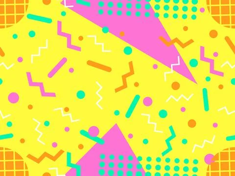 Geometric seamless pattern with memphis elements in 80s style. Colorful geo.. 스톡 일러스트