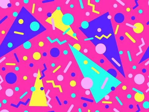 Geometric seamless pattern with memphis elements in 80s style. Colorful geo.. Stock Illustration