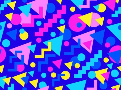 Geometric seamless pattern with memphis elements in 80s style. Colorful geo.. Illustrazione stock