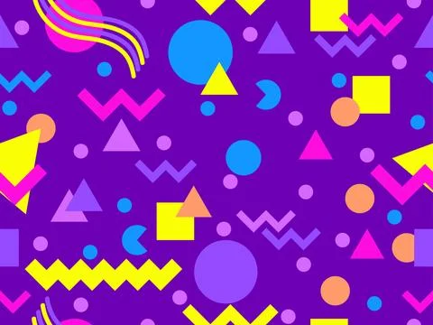 Geometric seamless pattern with memphis elements in 80s style. Colorful geo.. 스톡 일러스트