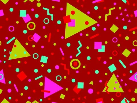 Geometric seamless pattern with memphis elements in 80s style. Colorful geo.. Illustrazione stock