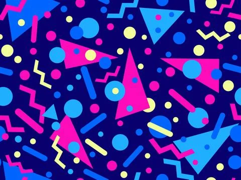 Geometric seamless pattern with memphis elements in 80s style. Colorful geo.. 스톡 일러스트