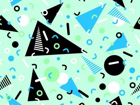 Geometric seamless pattern with memphis elements in 80s style. Colorful geo.. Stock Illustration