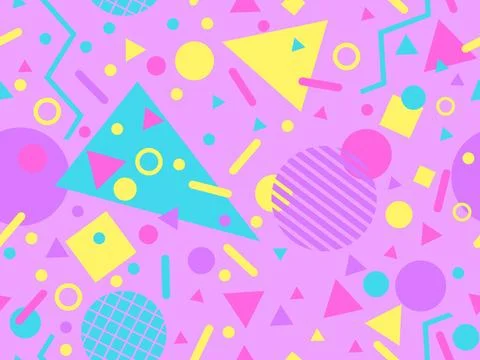 Geometric seamless pattern with memphis elements in 80s style. Colorful geo.. Stock Illustration
