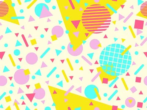 Geometric seamless pattern with memphis elements in 80s style. Colorful geo.. 스톡 일러스트