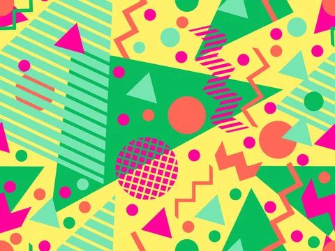 Geometric seamless pattern with memphis elements in 80s style. Colorful geo.. Illustrazione stock
