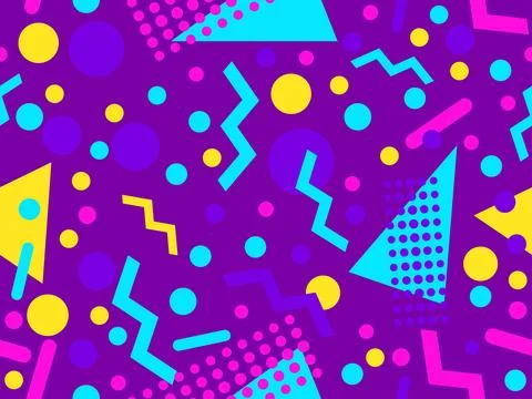 Geometric seamless pattern with memphis elements in 80s style. Colorful geo.. Illustrazione stock