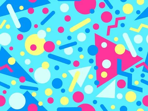 Geometric seamless pattern with memphis elements in 80s style. Colorful geo.. Stock Illustration