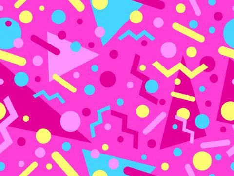 Geometric seamless pattern with memphis elements in 80s style. Colorful geo.. 스톡 일러스트