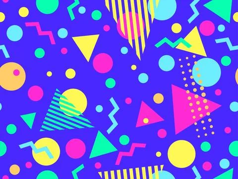 Geometric seamless pattern with memphis elements in 80s style. Colorful geo.. Stock Illustration