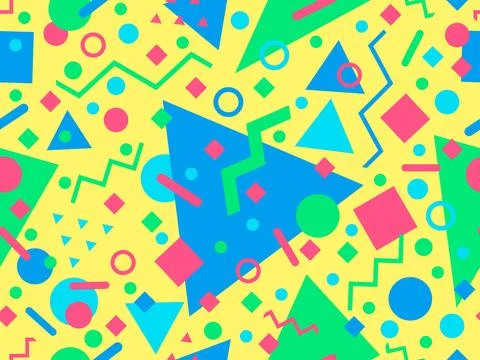 Geometric seamless pattern with memphis elements in 80s style. Colorful geo.. Illustrazione stock