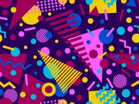 Geometric seamless pattern with memphis elements in 80s style. Colorful geo.. Stock Illustration