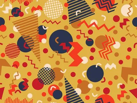 Geometric seamless pattern with memphis elements in 80s style. Colorful geo.. Illustrazione stock