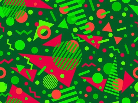 Geometric seamless pattern with memphis elements in 80s style. Colorful geo.. Stock Illustration