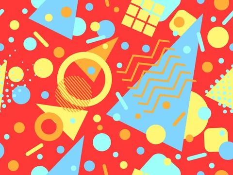 Geometric seamless pattern with memphis elements in 80s style. Colorful geo.. Stock Illustration
