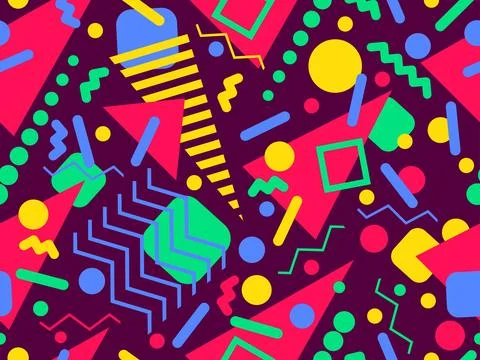 Geometric seamless pattern with memphis elements in 80s style. Colorful geo.. Stock Illustration