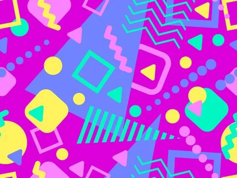 Geometric seamless pattern with memphis elements in 80s style. Colorful geo.. Stock Illustration