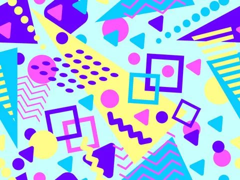 Geometric seamless pattern with memphis elements in 80s style. Colorful geo.. Stock Illustration