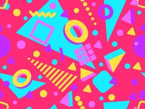 Geometric seamless pattern with memphis elements in 80s style. Colorful geo.. Illustrazione stock