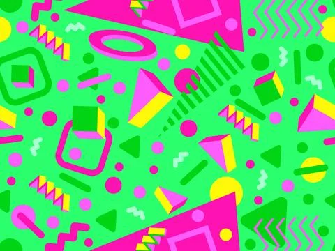 Geometric seamless pattern with memphis elements in 80s style. Colorful geo.. Stock Illustration