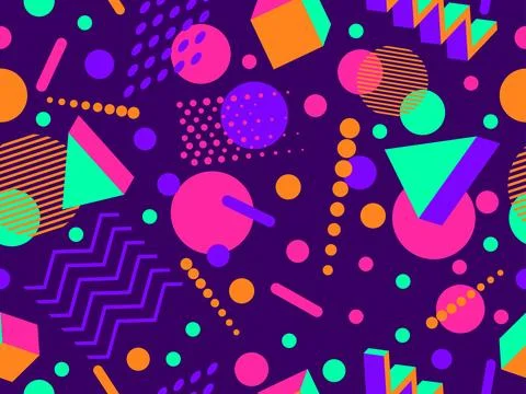 Geometric seamless pattern with memphis elements in 80s style. Colorful geo.. Stock Illustration