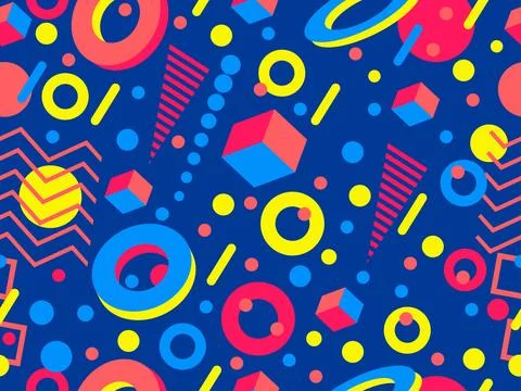 Geometric seamless pattern with memphis elements in 80s style. Colorful geo.. Stock Illustration