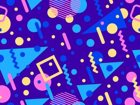 Geometric seamless pattern with memphis elements in 80s style. Colorful geo.. Stock Illustration