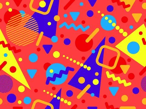 Geometric seamless pattern with memphis elements in 80s style. Colorful geo.. Illustrazione stock