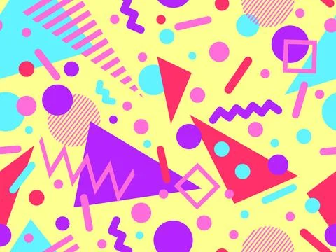 Geometric seamless pattern with memphis elements in 80s style. Colorful geo.. Stock Illustration
