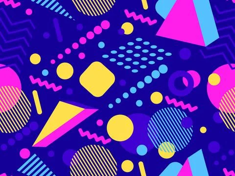 Geometric seamless pattern with memphis elements in 80s style. Colorful geo.. Stock Illustration