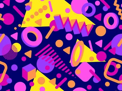 Geometric seamless pattern with memphis elements in 80s style. Colorful geo.. Stock Illustration