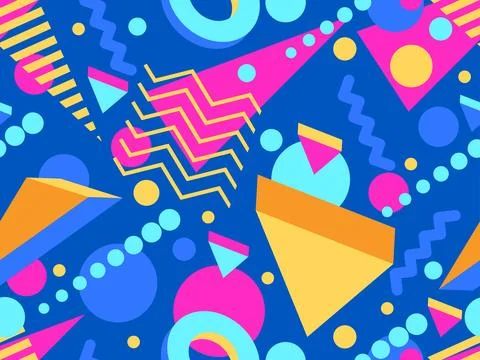 Geometric seamless pattern with memphis elements in 80s style. Colorful geo.. Stock Illustration