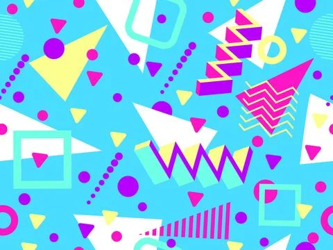 Geometric seamless pattern with memphis elements in 80s style. Colorful geo.. 스톡 일러스트