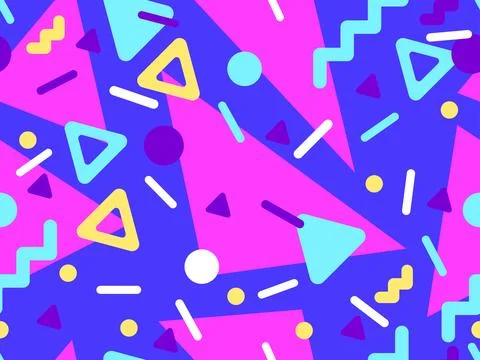 Geometric seamless pattern with memphis elements in 80s style. Colorful geo.. Stock Illustration