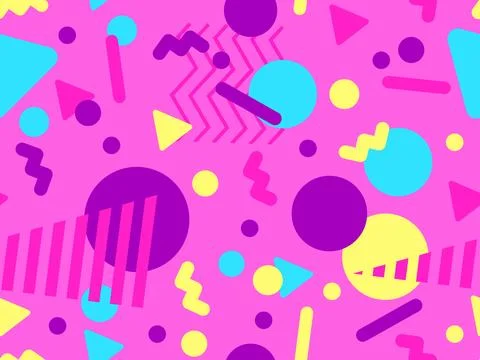 Geometric seamless pattern with memphis elements in 80s style. Colorful geo.. Stock Illustration