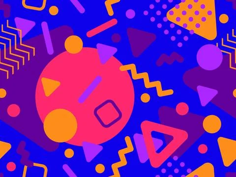 Geometric seamless pattern with memphis elements in 80s style. Colorful geo.. 스톡 일러스트
